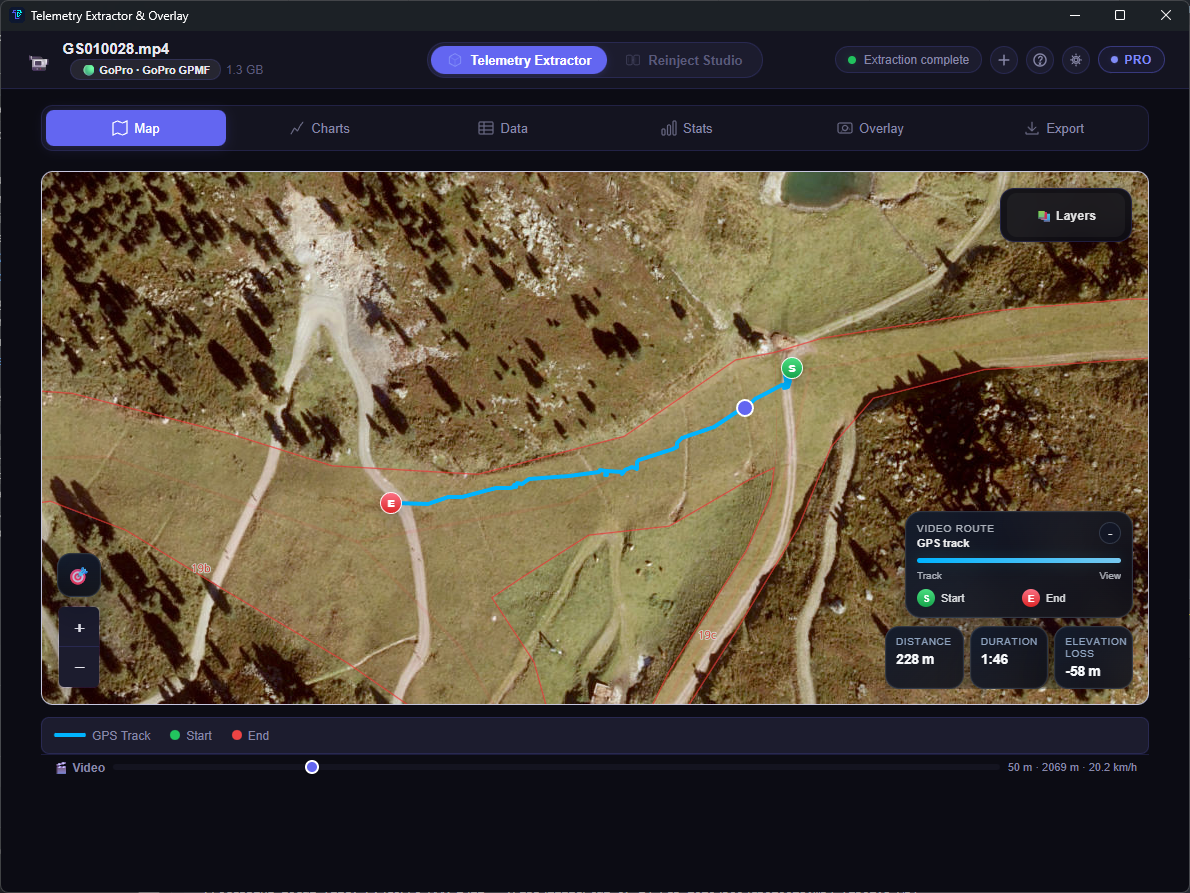 Satellite map view with GPS route, distance, duration, and elevation loss cards