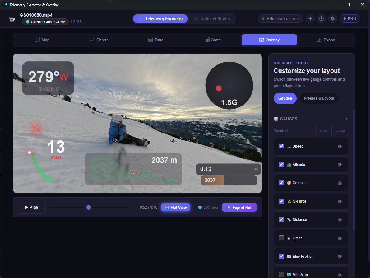 360 overlay studio with live telemetry gauges over ski footage