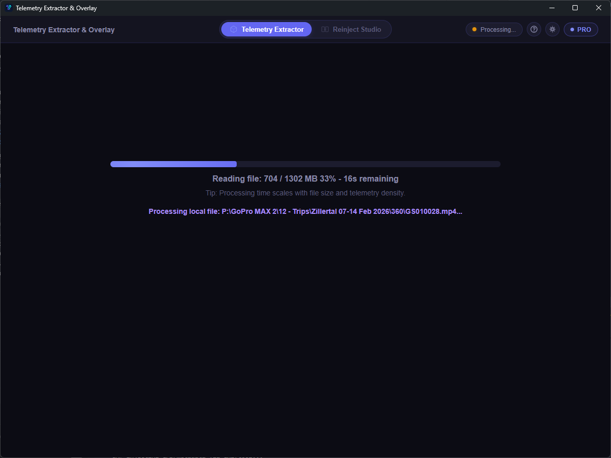 Processing screen showing file read progress and remaining time
