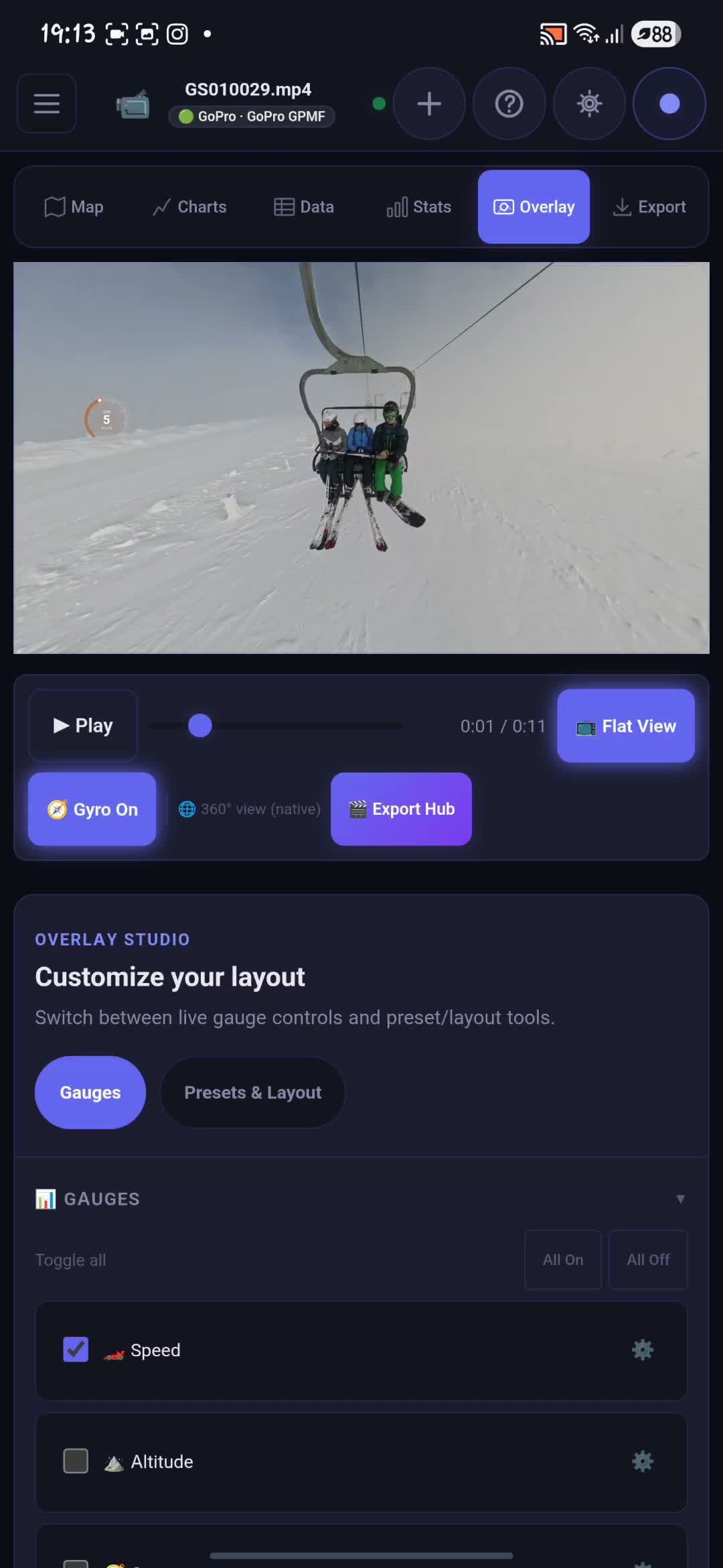 Poster frame from a phone screen recording of the mobile overlay studio with native 360 preview and gauge controls.