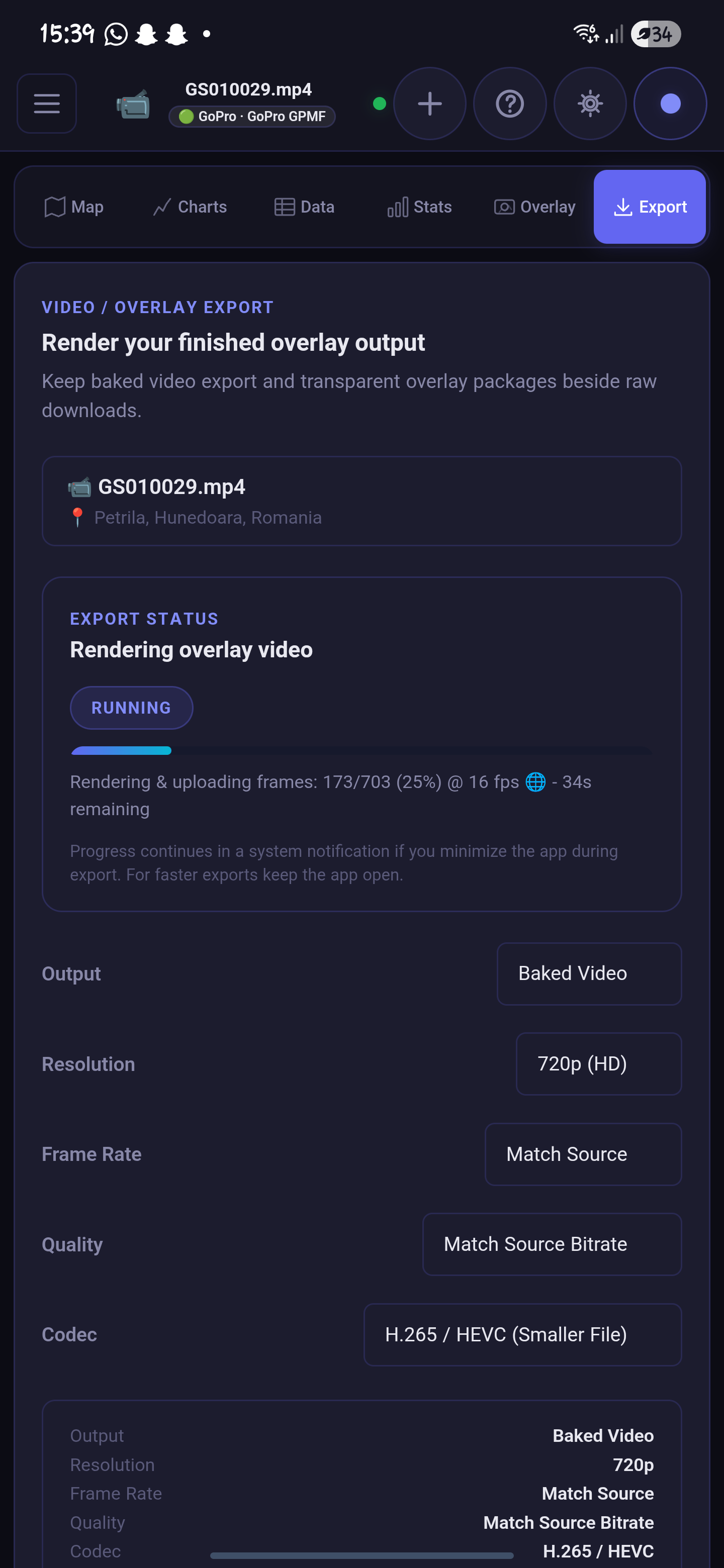 Phone screenshot of the export hub with a running progress card and codec, resolution, and frame rate settings.