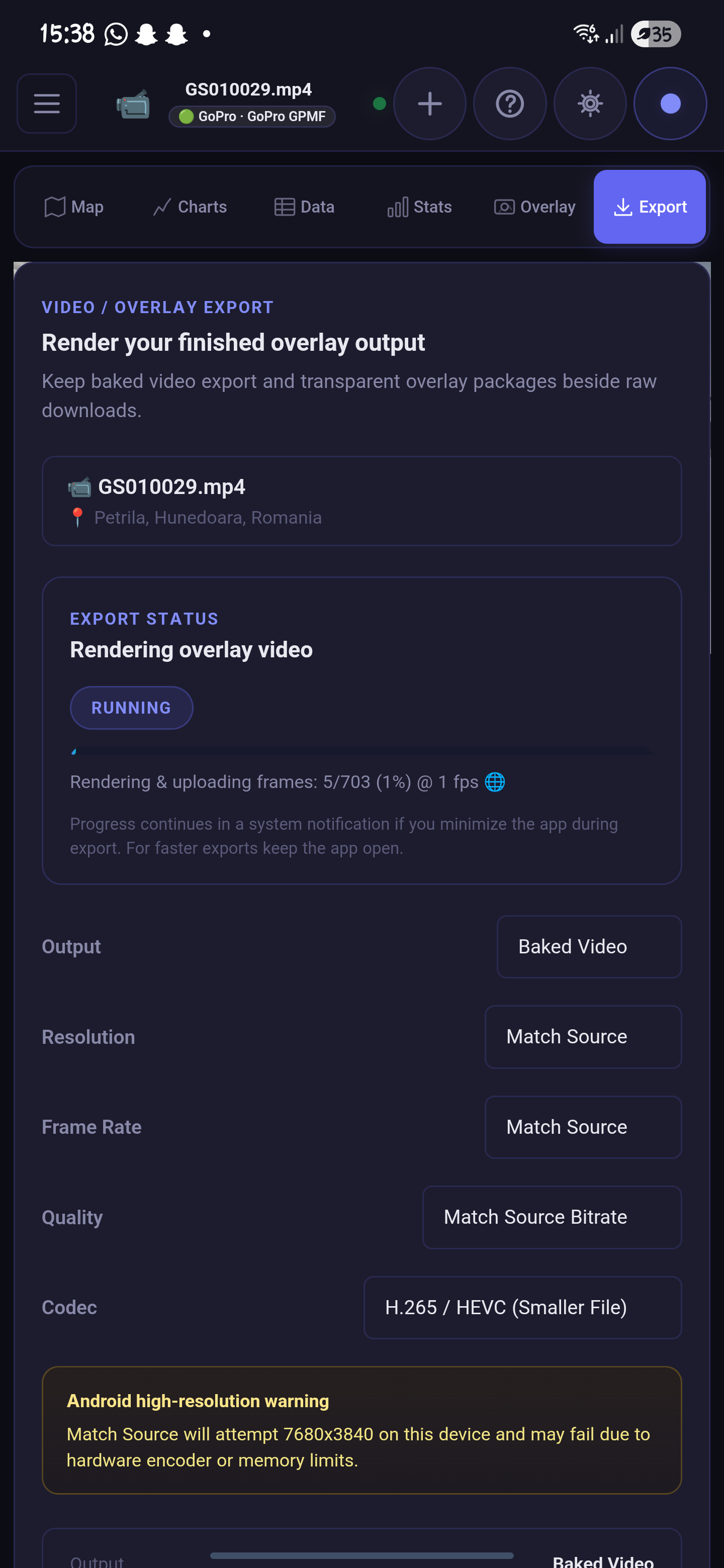 Phone screenshot of the export screen showing an Android high-resolution warning about a 7680 by 3840 render.