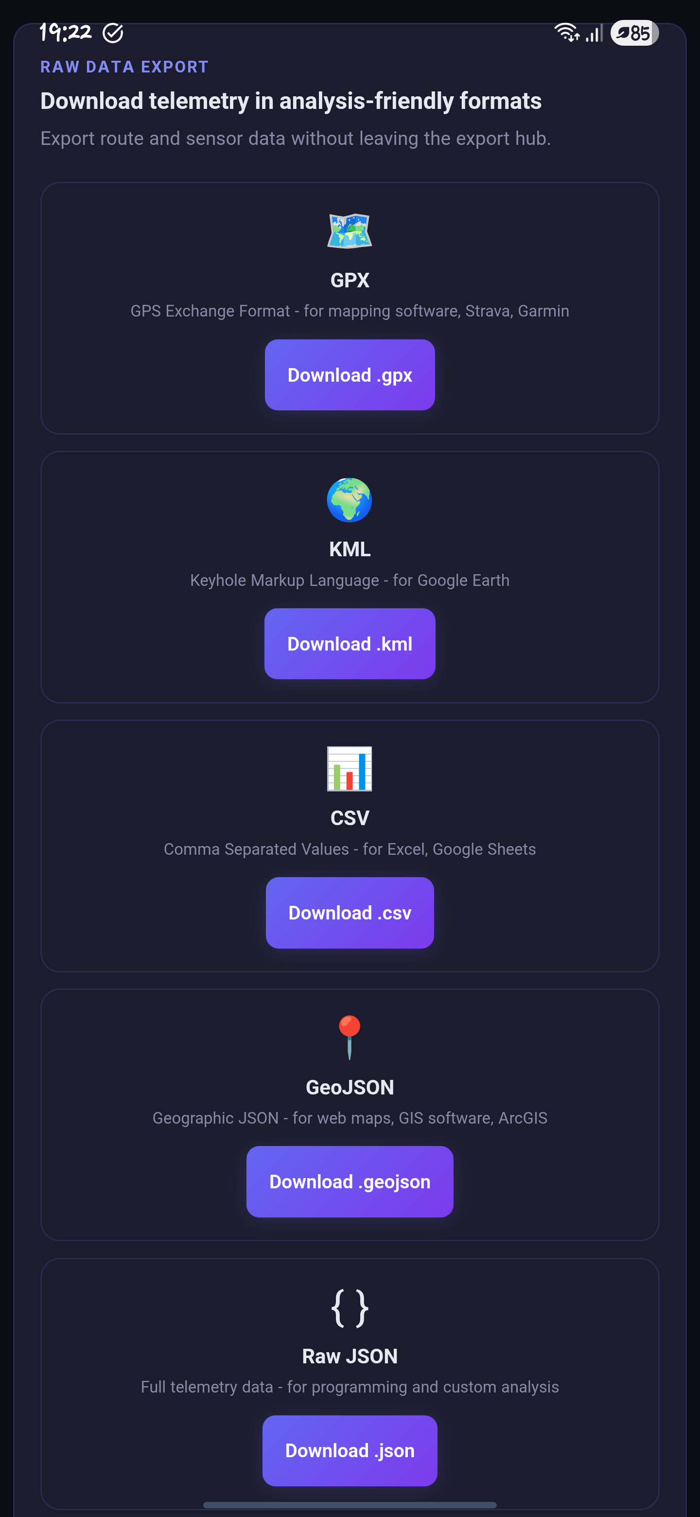 Phone screenshot of the raw data export screen showing large buttons for GPX, KML, CSV, GeoJSON, and Raw JSON downloads.