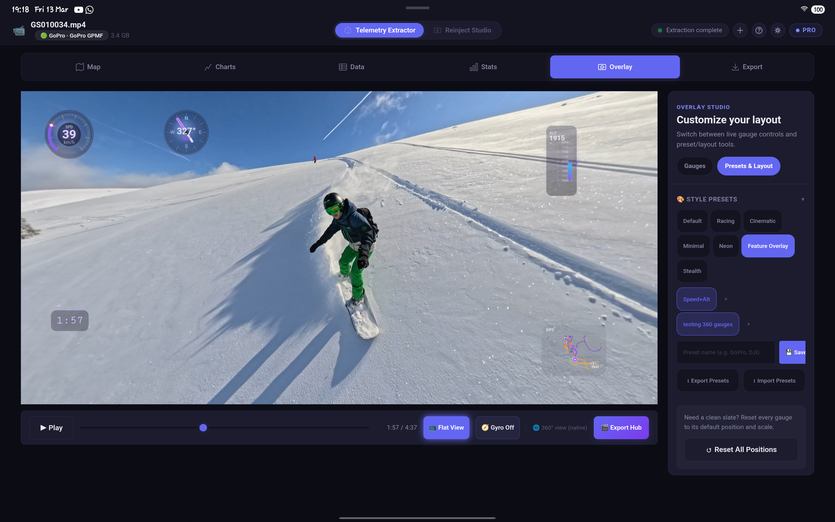 Tablet screenshot of Overlay Studio with 360 snowboard footage, floating gauges, preset chips, and export controls.